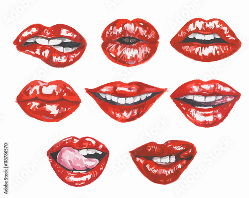 Watercolor lips set. Sexy and glamour red lips. Make up and fashion.