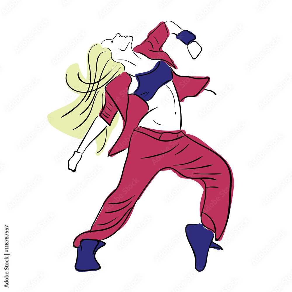 Fototapeta premium Hip-hop woman dancer vector sketch on white