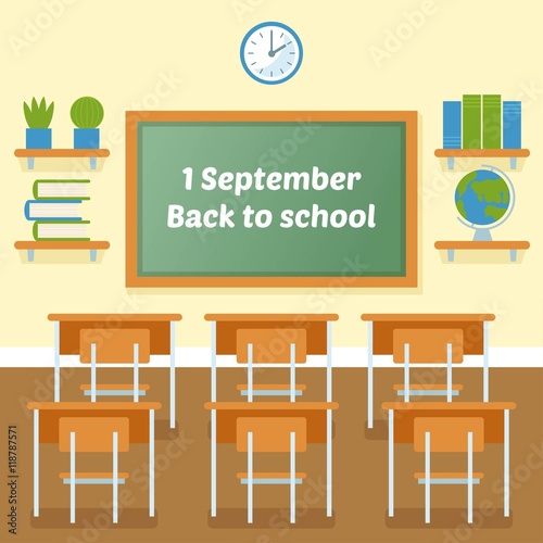 School classroom with chalkboard vector flat illustration.