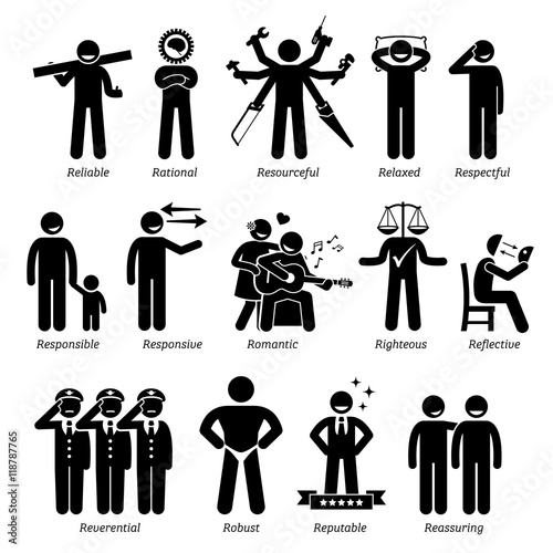 Positive Personalities Character Traits. Stick Figures Man Icons. Starting with the Alphabet R.