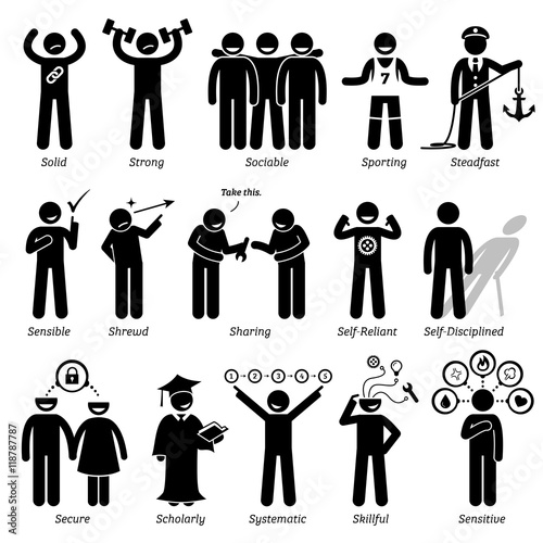 Positive Personalities Character Traits. Stick Figures Man Icons. Starting with the Alphabet S.
