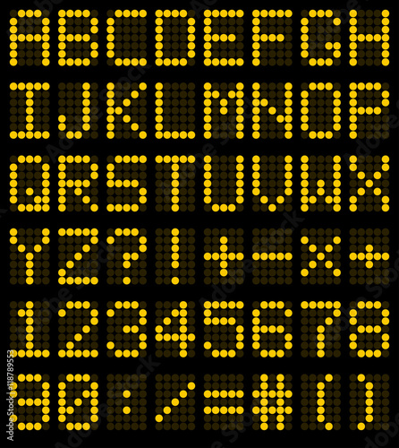 Colorful orange LED set against. Scoreboard digital font