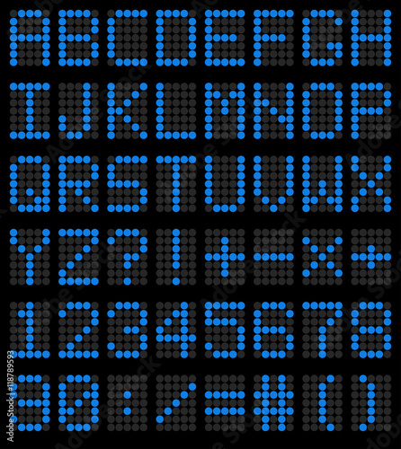Colorful blue LED set against. Scoreboard digital font