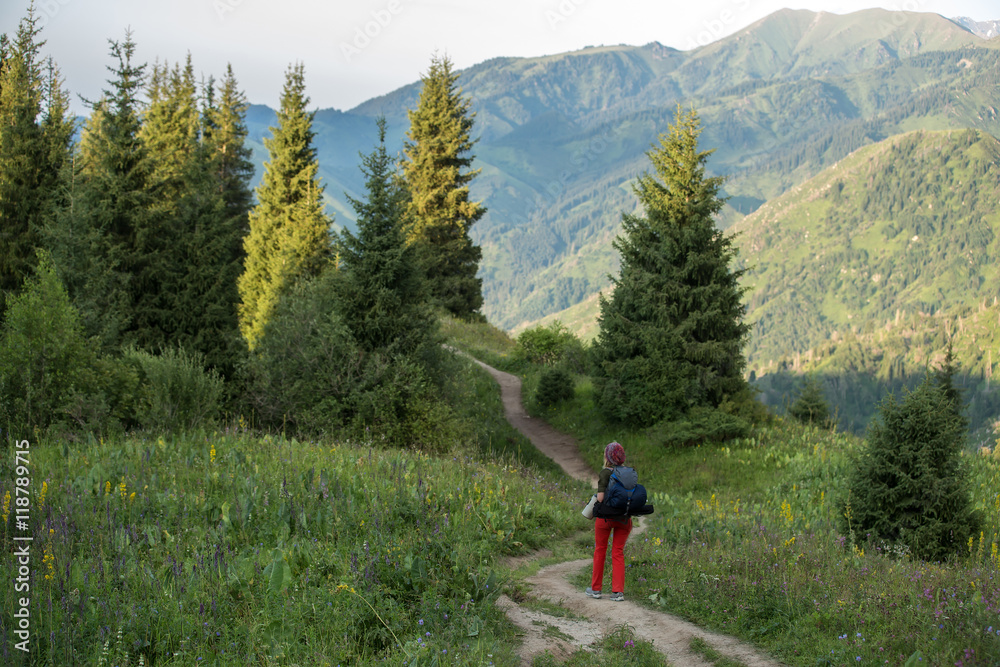 tourists hiking at mountains