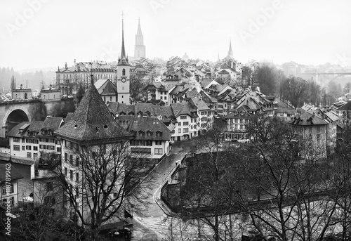 View on Old City of Bern in the rain  Switzerland.  Black and white