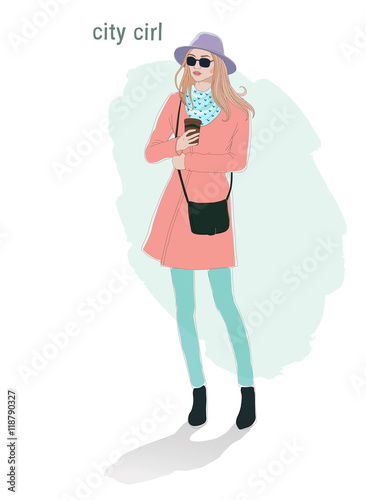 Beautiful young  women girl  fashion  jacket in glasses and hat with cap of coffee. hipster stile Vector hand drawn isolated illustration. 