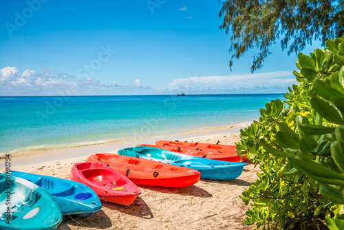 Canoe on beautiful tropical island white sand beach summer holiday - Travel summer vacation concept. 
