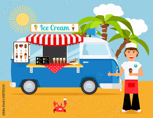 Ice cream truck vector illustration. Iceman and icecream van on sandy beach with palm trees