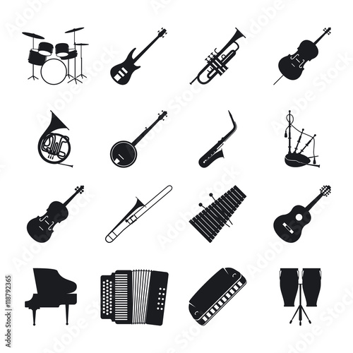 Musical instrument silhouettes for jazz music vector icons set