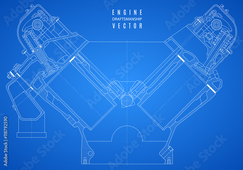 blueprint engine, project technical drawing on the blue background. stock vector illustration eps10