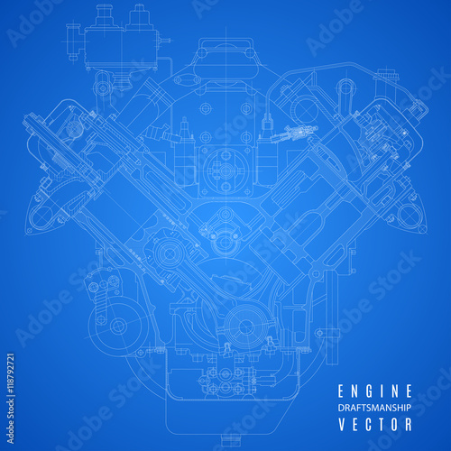 blueprint engine, project technical drawing on the blue background. stock vector illustration eps10