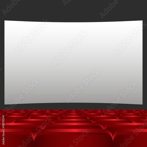 Rows of red cinema or theater seats in front of white blank screen. Red chairs or chairs in the cinema vector illustration