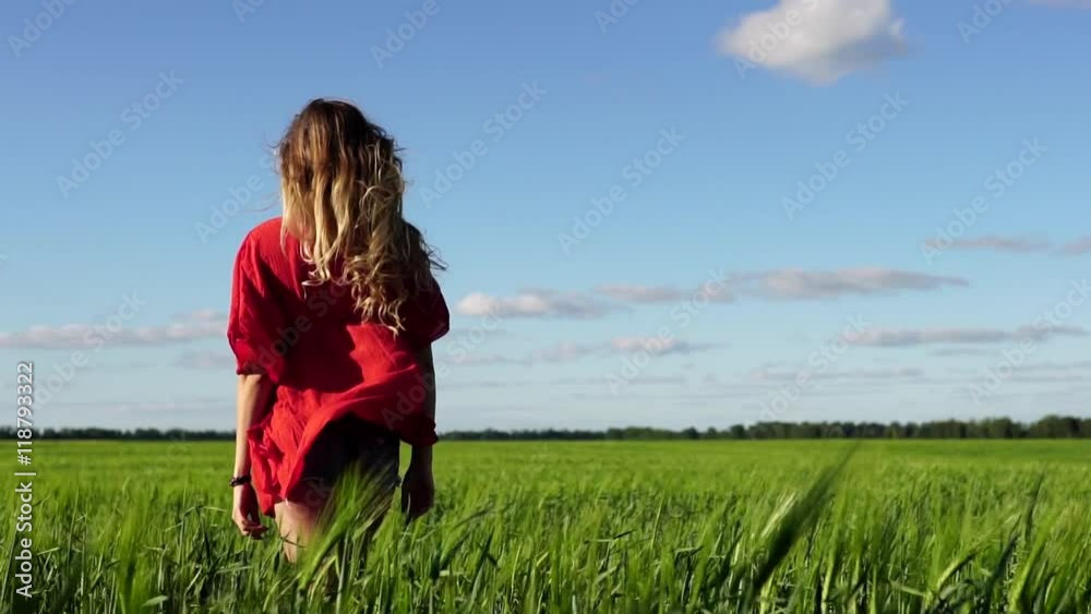 Happy woman enjoying nature beautiful blonde walking on the field. Freedom concept. Happy woman enjoying nature beautiful blonde walking on the field. Freedom concept.