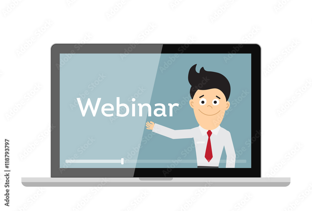 Online webinar concept. Laptop monitor with teacher, tutor, businessman. Online learning or e-learning. Online webinar concept. Laptop monitor with teacher, tutor, businessman. Online learning or e-learning.
