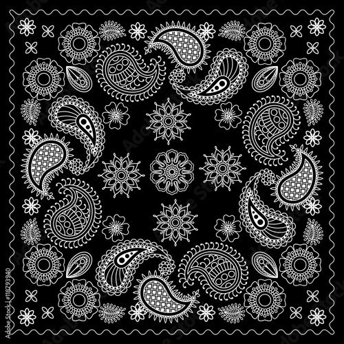 Black and White Bandana Print With Element Henna Style. Vector illustration