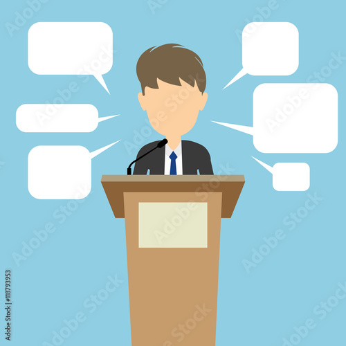 Politician with speech bubbles. Concept of debates or president election. Blank template face with speech bubbles.