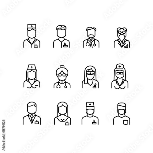 Doctor icons, nurse symbols, medical professionals vector avatars