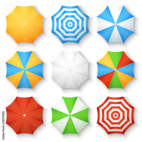 Beach sun umbrellas top view vector icons
