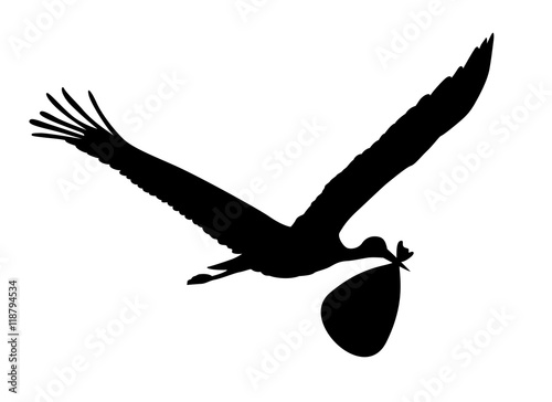 Stork carries newborn baby in bag
