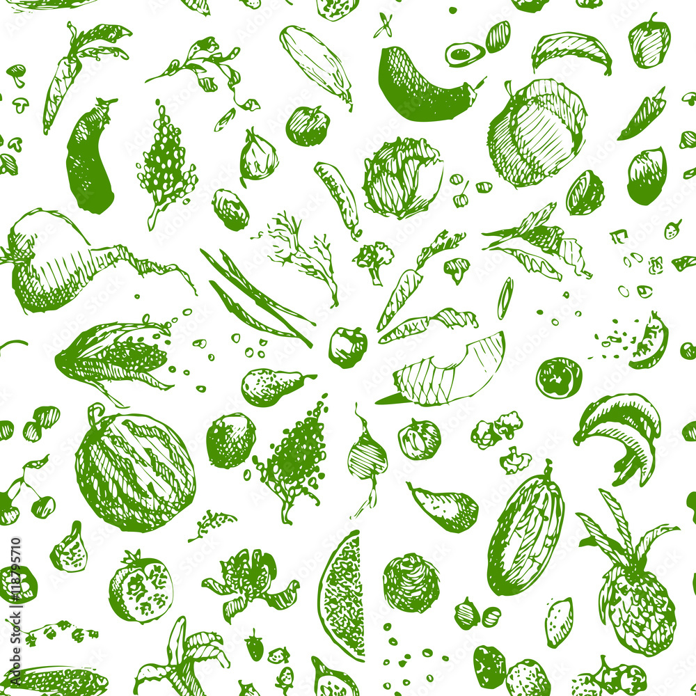 Hand drawn doodle food, vegetables and fruits, seamless pattern. Green objects, white background. Design illusrtration for poster, flyer.