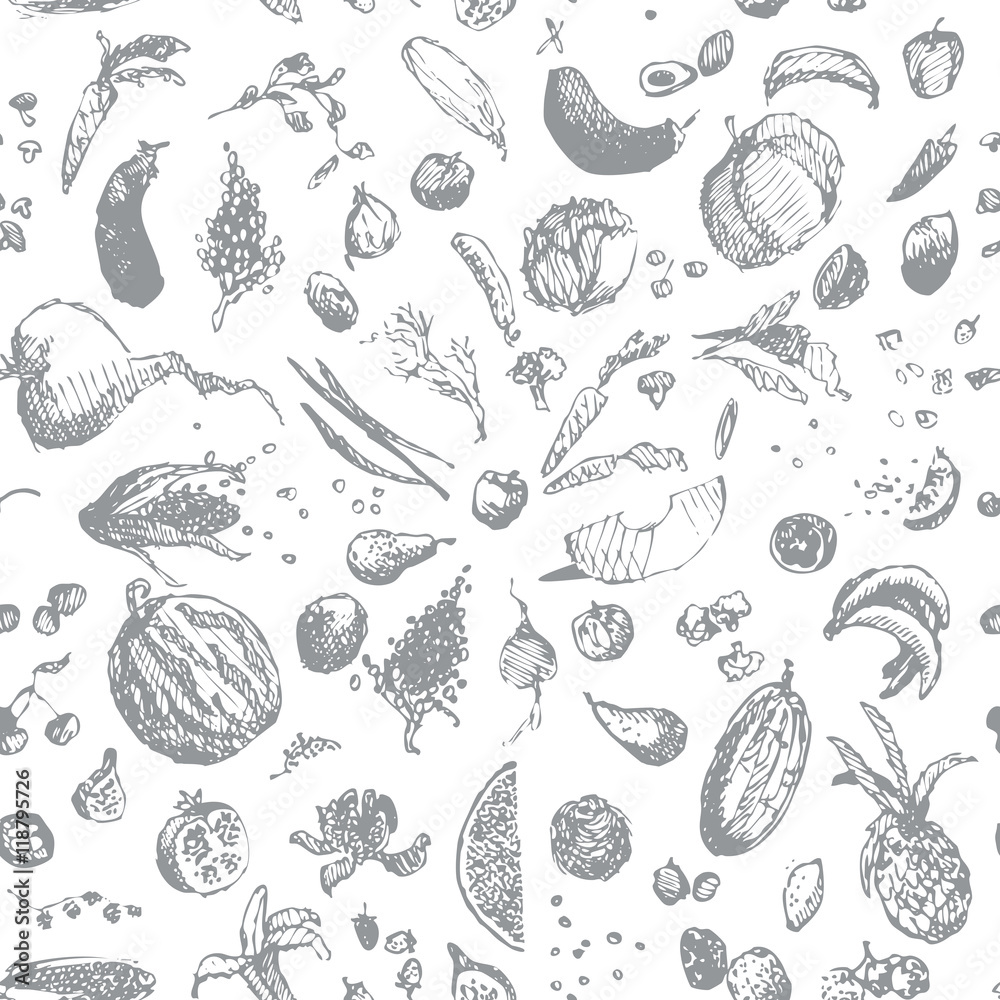 Fototapeta premium Hand drawn doodle food, vegetables and fruits, seamless pattern. Gray objects, white background. Design illusrtration for poster, flyer.