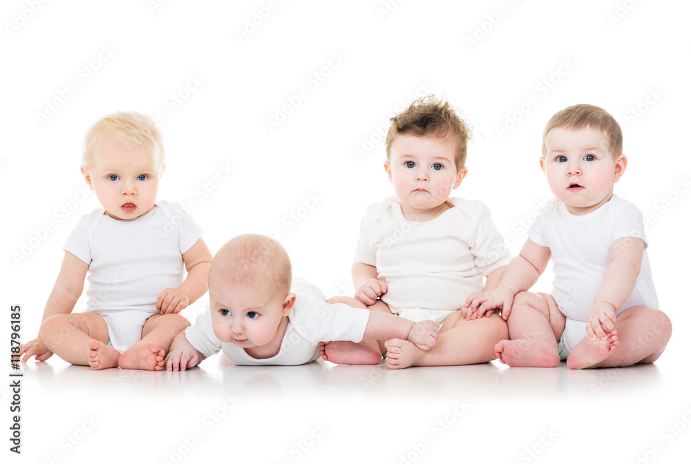 Group of cute babies, crawling, over white. playing babies Group of cute babies, crawling, over white. playing babies