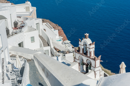 View of Oia with an old church in Santorini island