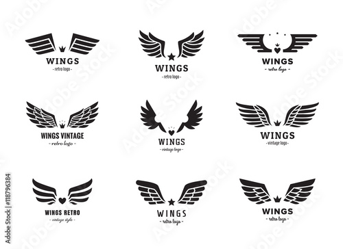 Wings silhouette logo vector set. Vintage design. Part one.