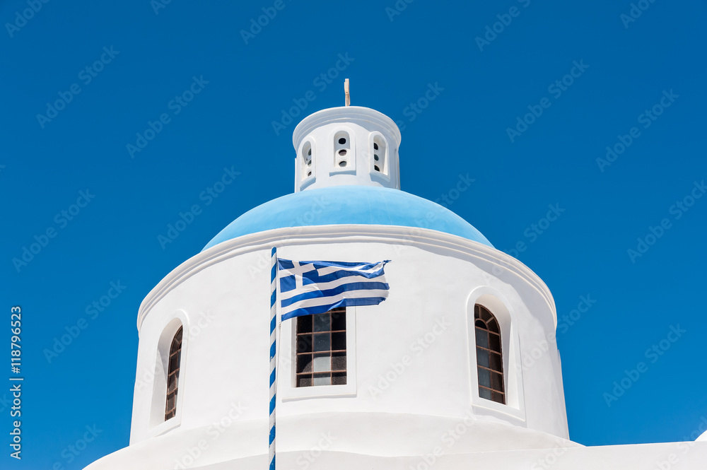 Dome and greece flag in Santorini Dome and greece flag in Santorini