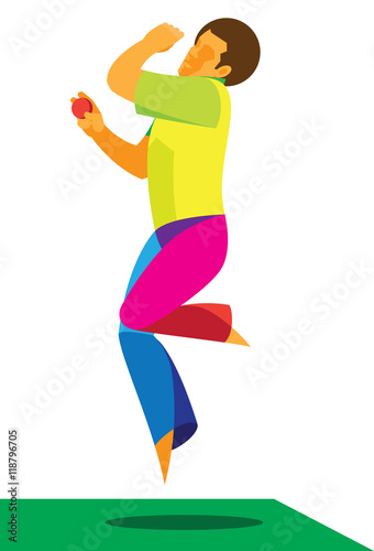 young cricket bowler throws a ball in a jump