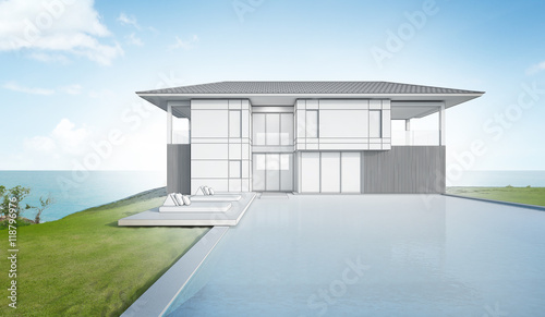 Sketch design of modern beach house and pool - 3d rendering