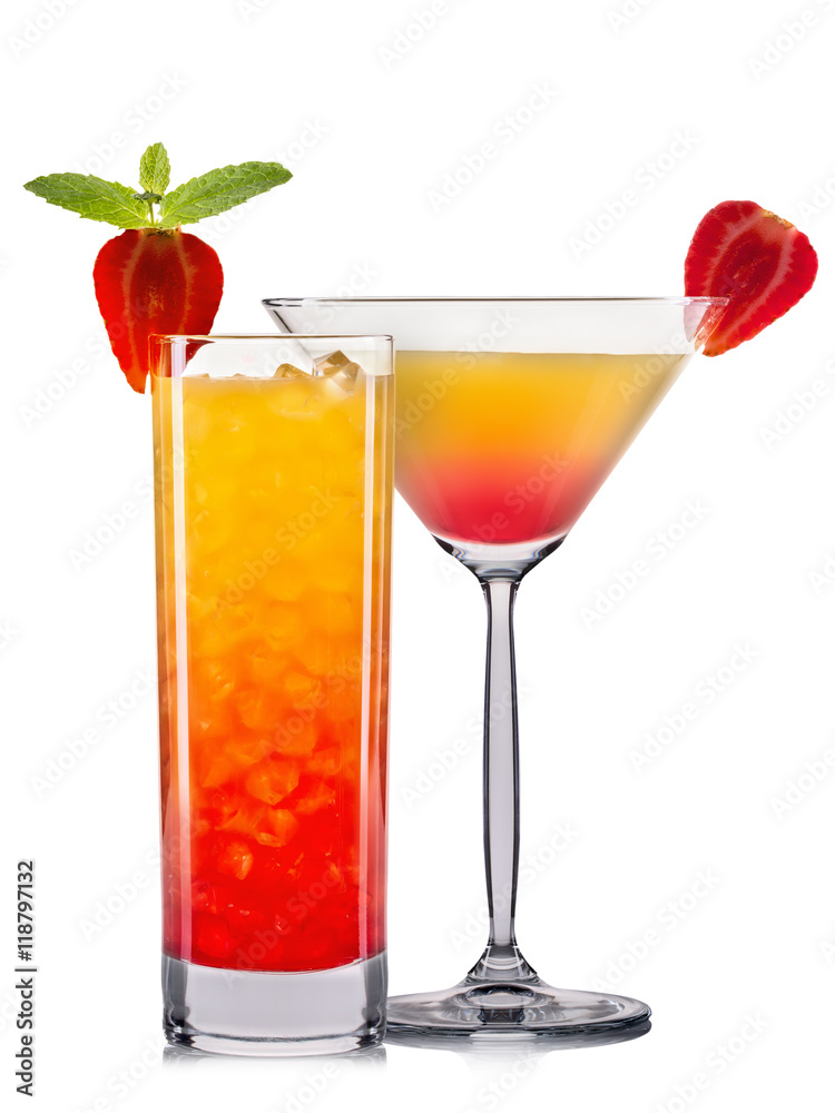 Set of orange cocktails with decoration from fruits and colorful straw isolated on white background. Set of orange cocktails with decoration from fruits and colorful straw isolated on white background.