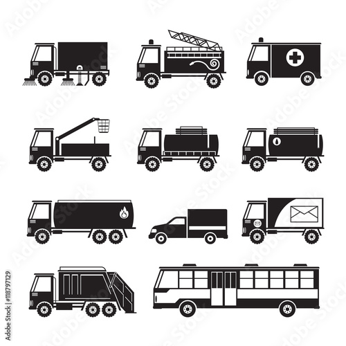 Public Utility Vehicles Object Silhouette Set, Waste, Oil, Water Supply, Electricity, Emergency, Truck and Bus