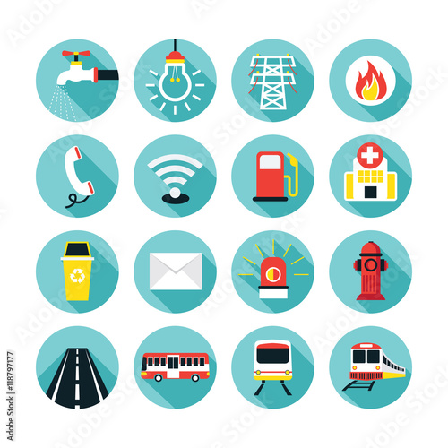 Public Utility Icons Flat Set, Water Supply, Electricity, Fuel, Road and Transport