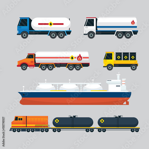 Oil Industry Vehicles, Transportation Set, Truck, Tanker Ship and Train, Side View
