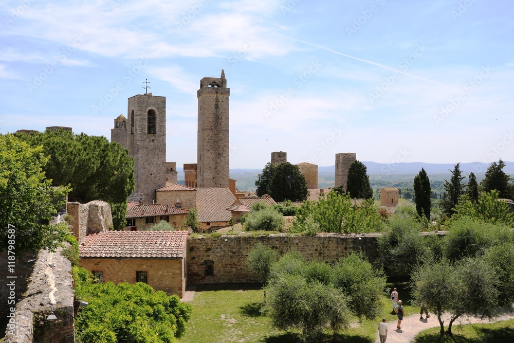View to Torre Grossa and architecture in San Gimignano, Tuscany Italy
