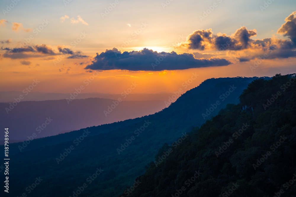 Sunset evening on the top of mountain. Nature traveling or save the earth concept. Sunset evening on the top of mountain. Nature traveling or save the earth concept.