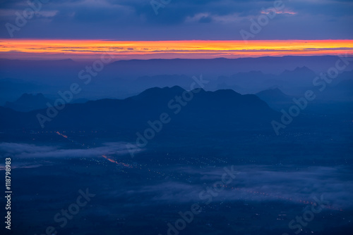 Dawn over mountain in the morning from the top of mountain. Nature traveling or save the earth concept. © pla2na