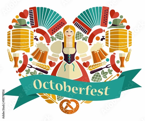 Pretty Bavarian girl with beer. Oktoberfest label