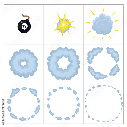 Cartoon bang explode effect animation frames with smoke for mobile, flash game.
