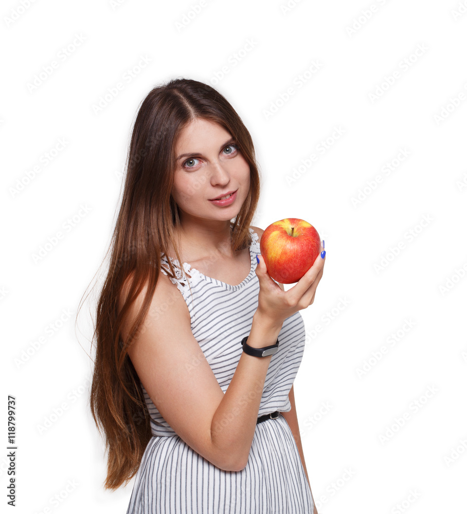 Beautiful young woman with big red apple isolated on white Beautiful young woman with big red apple isolated on white