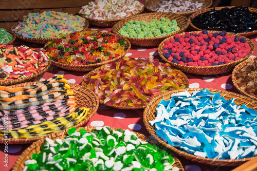 colorful candies, sweets and jelly at the candy shop