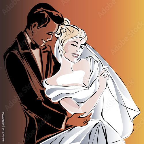 Wedding Day invitation with dancing couple bride and groom
