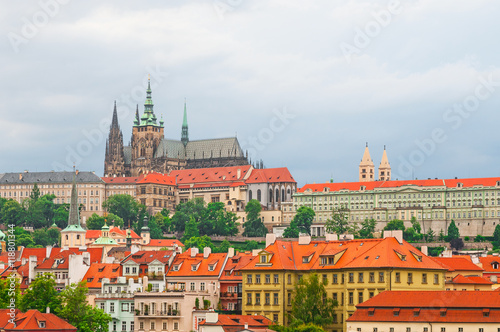 View on Prague town and St.Vitus cathedral in Prague Castle, Cze