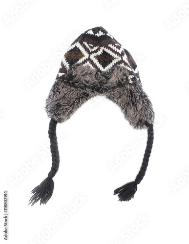 Gray knitted wool hat with preventing The cold beautiful on white background.