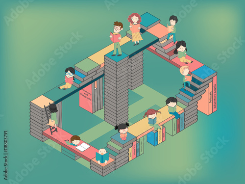 City of book with many boys and girls reading for children education and young culture growth