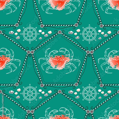 Seamless pattern with crabs and nautical accessories photo