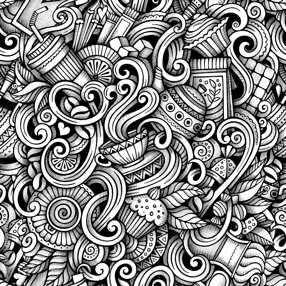 Cartoon hand-drawn doodles tea and coffee seamless pattern Cartoon hand-drawn doodles tea and coffee seamless pattern