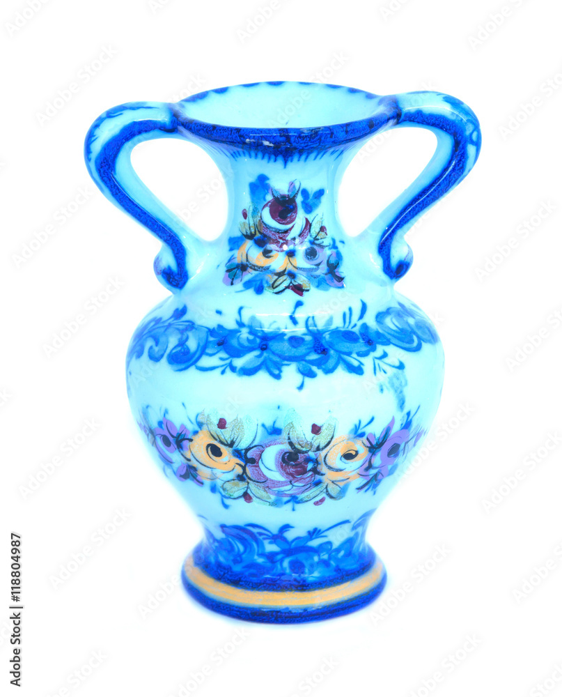 Blue vase with flower decoration on white background