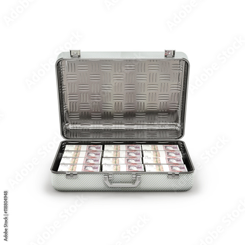 Briefcase ransom pounds / 3D illustration of stacks of fifty pound notes inside metal briefcase photo